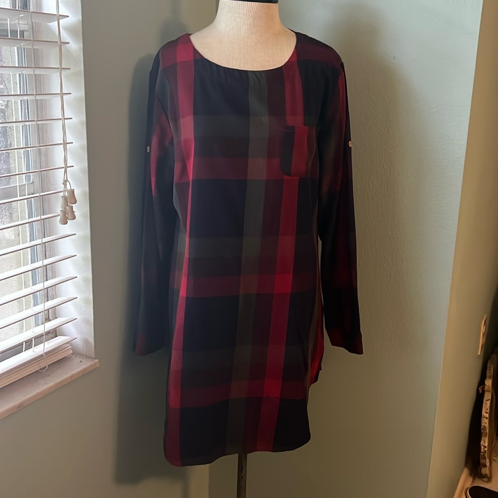 Navy, Red and Green Plaid Shirt Dress with Pockets